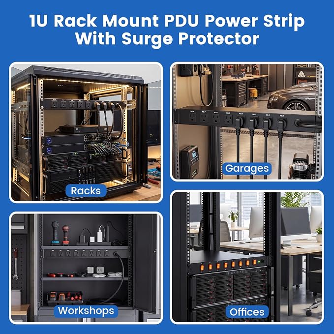 JUNNUJ PDU Rack Mount Power Strip, Heavy Duty 12 Gauge Cord, 15FT, 1 | 8 Outlets Individual Switches, Metal, Server Mountable Surge Protector.