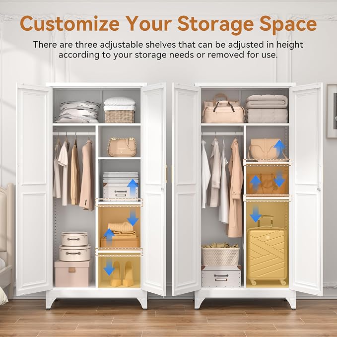Polup 71" Tall Metal Armoire Wardrobe Closet with Doors and Lock | Wardrobe Cabinet, Hanging Rod, 3 Adjustable Shelves, Steel Clothing Storage Cabinet for Bedroom, Office, Employee, Gym, White