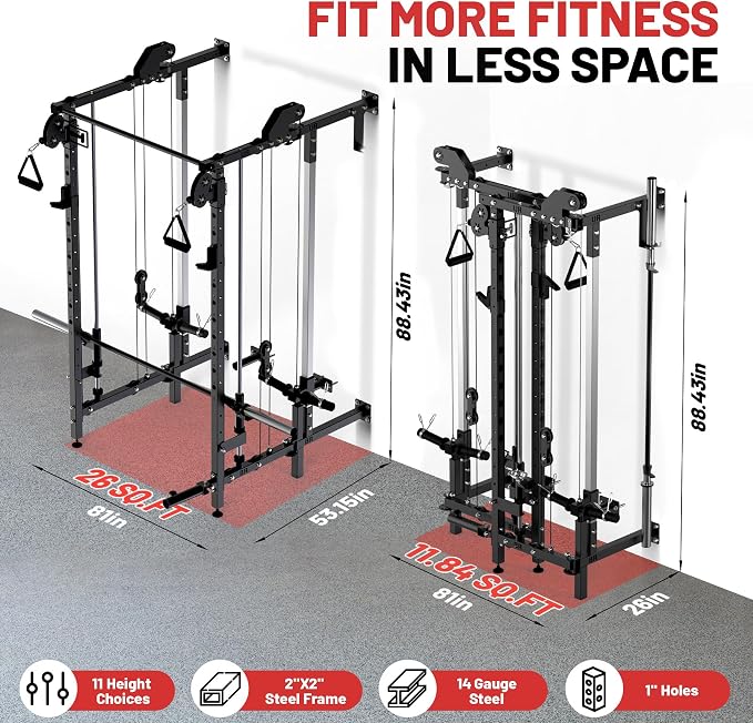 Garvee Folding Squat Rack, Wall Mounted Power Rack with Dual Independent Pulley System & Pull Up Bar, Multi-Function Power Cage with for Home Gym Space-Saving