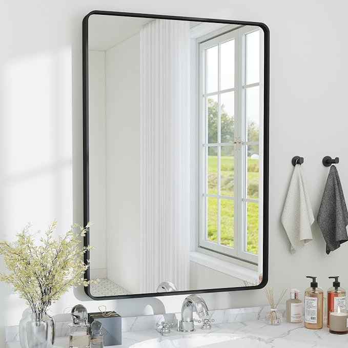 SCWF-GZ 24x36 Mirror Vanity Bathroom Wall Mounted Aluminum Alloy Metal Frame Dressing Round Rectangle Mirrors for Entryway Bedroom Living Room Horizontally or Vertically 36x24 inch Black