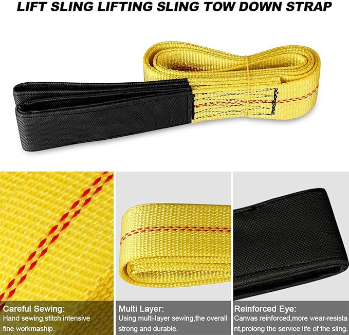 Pindex 2 Pack 2" x 6' Web Lifting Sling 11000 Lbs Breaking Force 3500 Lbs Pulling Forces Lift Sling Straps for Rocks Trees Mowers Tool Boxes in Trailers Tractors Trucks, Yellow