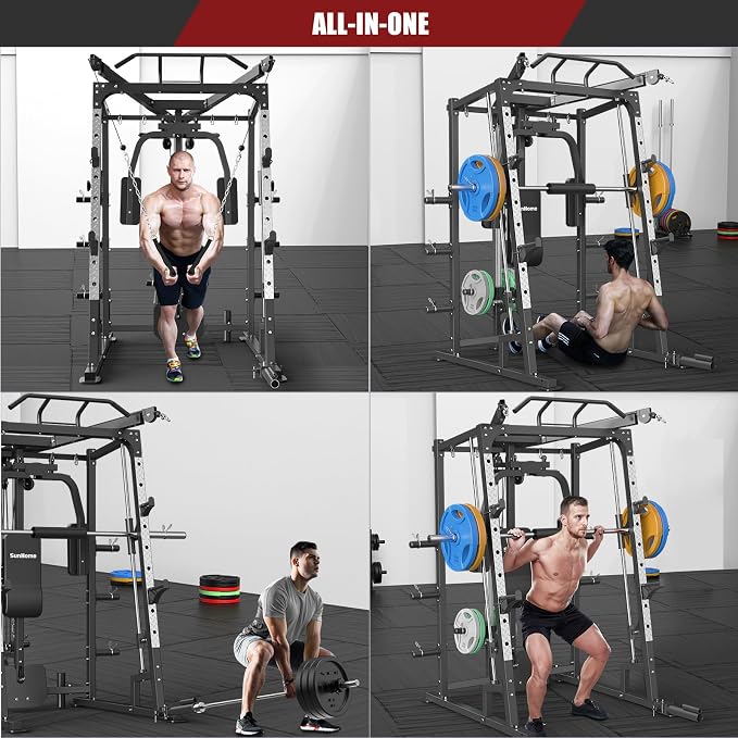 SunHome Smith Machine, 2000LBS Power Cage Squat Rack with Smith Bar, LAT Pull-Down Systems, Cable Crossover Machine for Home Gym