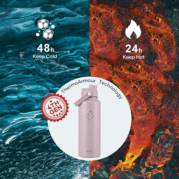 BUZIO Triple Wall Vacuum Water Bottle with Dust-Proof Straw & Spout Lids | 40 oz Insulated Stainless Steel Water Flask (Cold for 48 Hrs/Hot for 24 Hrs), Dishwasher Safe, Leakproof, Non-BPA, for Hiking