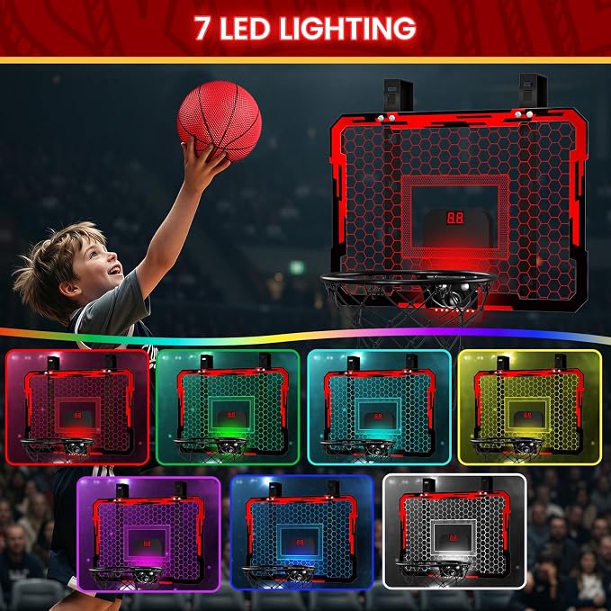 QDRAGON Mini Basketball Hoop with Scoreboard & 7 LED Lighting | Over The Door Indoor, with 3 Balls/Inflator/Breakaway Rim, Basketball Toy Gifts for Kids Adults, Suit for Bedroom/Office