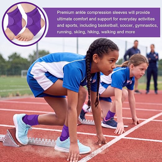 Honoson 2 Pcs Ankle Brace Kid Breathable Neoprene Ankle Support Compression Sleeve Achilles Tendonitis Relief Elastic Foot Brace with Adjustable Wrap for Sprained Plantar Fasciitis(Purple,S)