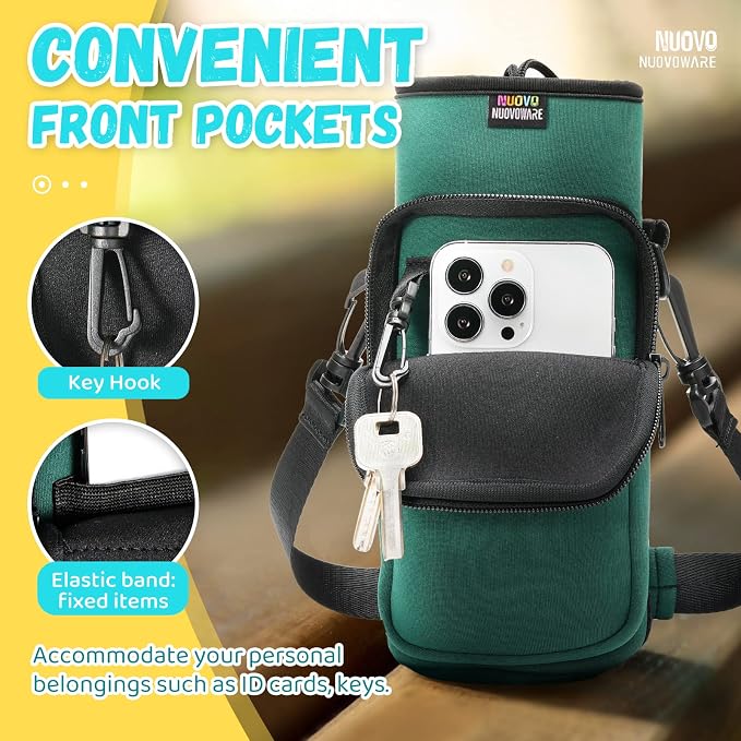 Nuovoware Water Bottle Carrier Bag, 750ml Bottle Pouch Holder, Adjustable Shoulder Hand Strap 2 Pocket Sling Neoprene Sleeve Sports Accessories for Hiking Travelling Camping, Blackish Green