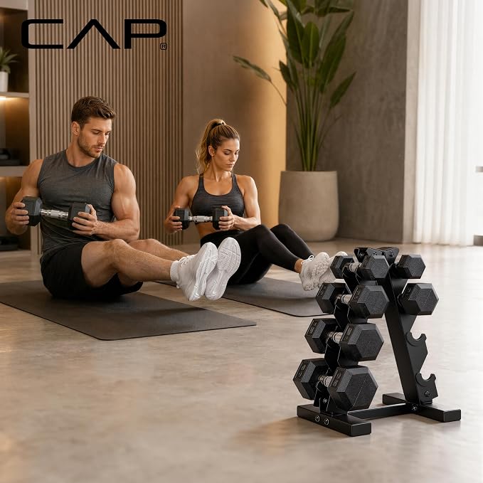 CAP Rubber Coated Hex Dumbbell Set with Storage Rack | 100–210 lb Options, Space-Saving Vertical Compact Storage for Home Gym Strength Training