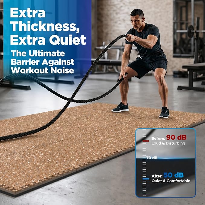1'' Thick 48 Sq Ft Protective Gym Flooring for Home Gym, 12 Tiles Extra-Thick Rubber Top with High Density EVA Foam, Interlocking Exercise Equipment Mats, Heavy Weight Workout, Wood