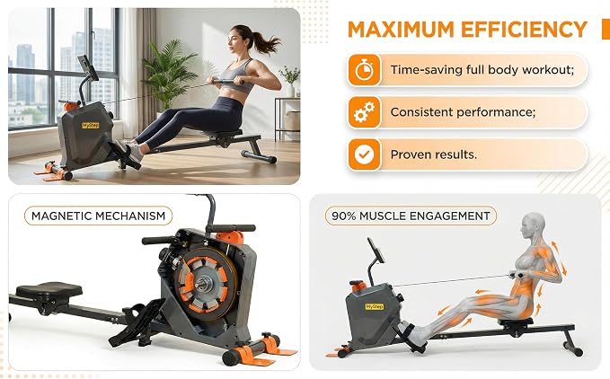 Magnetic Rowing Machine, Quiet Foldable Rower with 8-Level Resistance, LCD Monitor & Tablet Holder, Full-Body Low-Impact Cardio Equipment, Optional 2-in-1 Strength Training