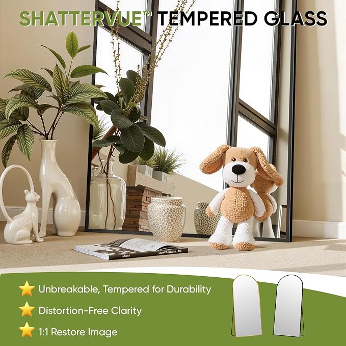 Full Length Mirror 88" L x 44" Full Body Standing Mirror for Bedroom, Living Room, Gym, Dorm - Shatter-Resistant & Easy Assembly, Arched Style Black