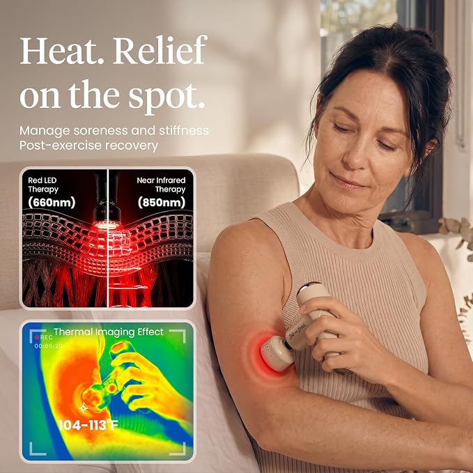 BOB AND BRAD Q2 Ultra Mini Massage Gun with Red LED Therapy Infrared Heat | Portable, Ultra-Quiet Handheld Massager, Muscle Comfort, 5 speeds, 5 heads, Carry Case, Home, Office, Travel