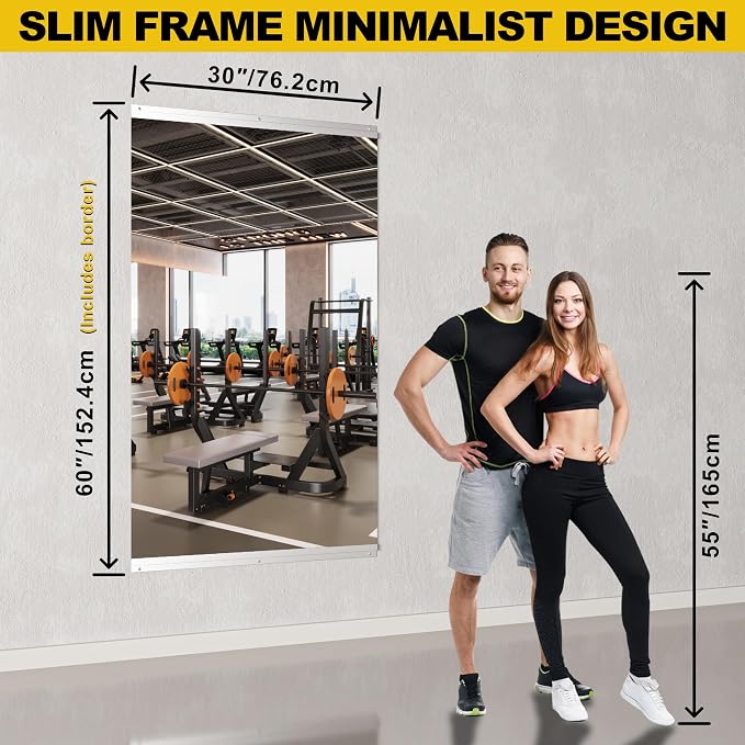 Home Gym Mirror for Wall, 30" x 60" Frameless Full Length Wall Mirror for Bedroom, Garage Gym, Workout Room, Silver