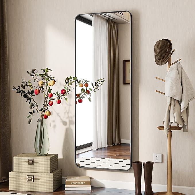 BEAUTYPEAK Black Full Length Mirror, 56"x21" Rounded Corner Floor Mirror Standing Hanging or Leaning Against Wall, Suitable for Bedroom or Dressing Room | Aluminum Alloy Frame with Standing, Leaning, or Wall-Mounted, Ideal for Bedroom, Dressing Room, E...