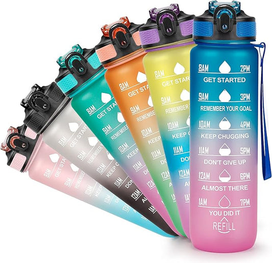 YC Kitchen Motivational Water Bottle with Time Marker - 32oz, Leak-proof BPA Free Sports Water Bottles with Straw & Carrying Strap