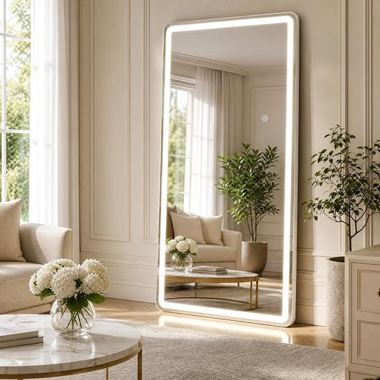 LED Full Length Mirror with Dimming &3 Color Lighting 26 x 71 | Floor Mirrors with Lights Lighted Mirrors Wall for Bedroom Dressing Room Checkroom Standing Leaning or Hanging White Rect