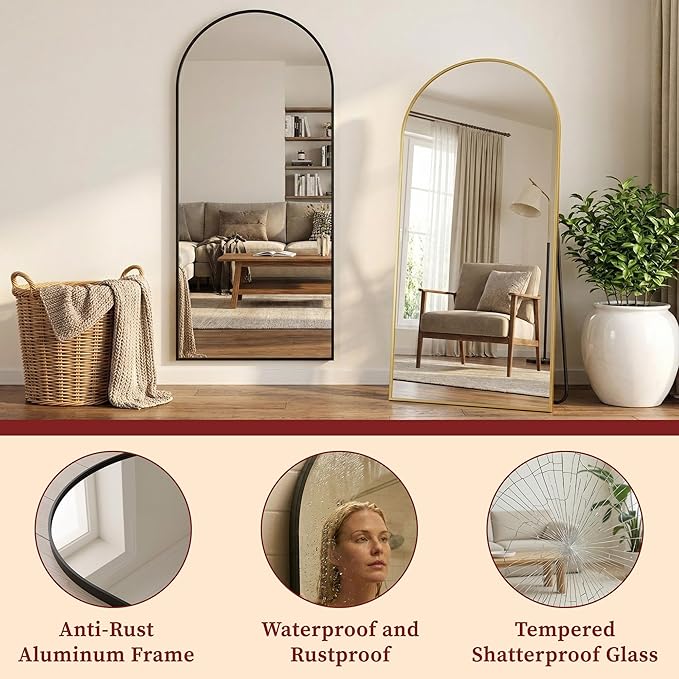 Suidia 82"x44" Arched Full Length Mirror with Stand, Full Body Mirror with Aluminum Frame, Freestanding/Leaning/Wall-Mounted, Floor Mirrors for Bedroom, Living Room, Entryway, Dressing Room, Black