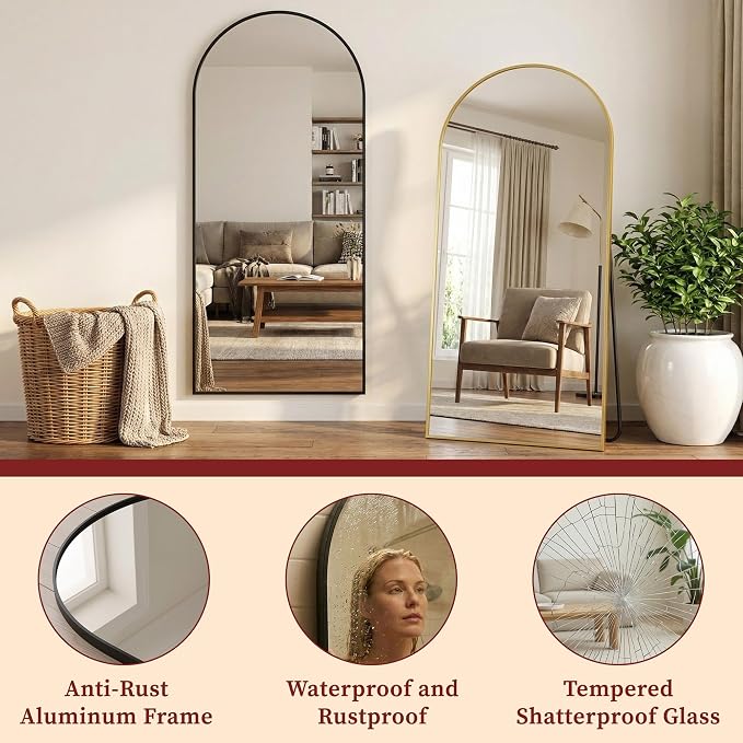 Suidia 81"x41" Arched Full Length Mirror with Stand, Full Body Mirror with Aluminum Frame, Freestanding/Leaning/Wall-Mounted, Floor Mirrors for Bedroom, Living Room, Entryway, Dressing Room, Black