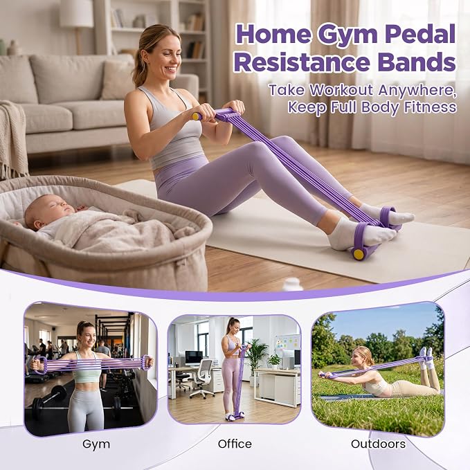Pedal Resistance Band with Handles, Multifunction Tension Rope | 2026 Upgraded 3 in 1 10 Tubes with Anti-Slip Foot Pedal & Foam Grips, Portable Home Yoga Fitness Equipment for Women