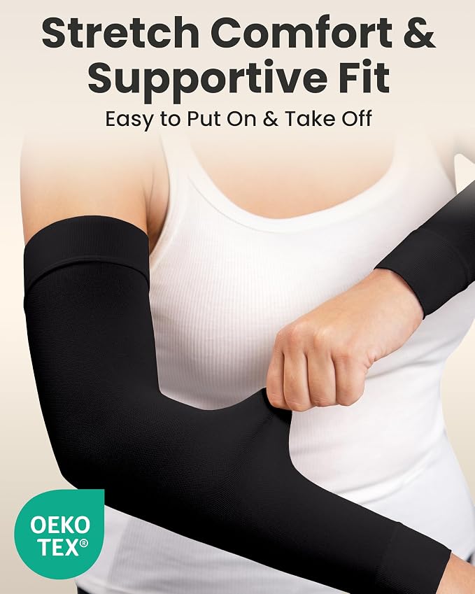 KEMFORD Lymphedema Compression Arm Sleeves for Women - 15-20 mmHg, Silicone Grip, 1 Pair, Black, 5XL - Arm Support for Swelling & Edema