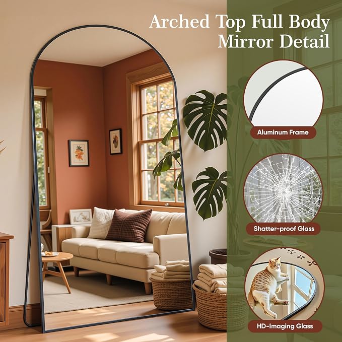 Full Length Mirror, 76"x44" Arched Full Body Mirror, Floor Mirrors with Stand, Body Mirrors Standing Hanging Leaning Against Wall,Aluminum Frame Mirrors for Bedroom Cloakroom,Living Room,Gold