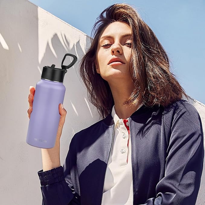 Insulated Water Bottle With Straw,32 oz Vacuum Insulated Stainless Steel Sports Water Flask,Keeps Cold and Hot,Metal Water Bottle Wide Mouth for Gym Travel Camping (Pale purple)