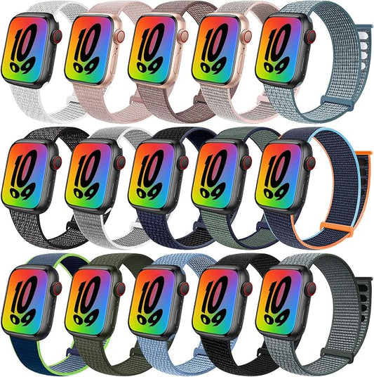 15 PACK Sport Loop Nylon Band Compatible with Apple Watch Band 38mm 40mm 41mm 42mm 44mm 45mm 46mm 49mm Ultra iWatch Series 10 9 8 7 6 SE 5 4 3 2 1 Strap Women Men Stretchy, 42mm for Series 3/44mm/45mm/46mm/49mm 15 PACK | Nylon Sport Loop Wristband Comp...