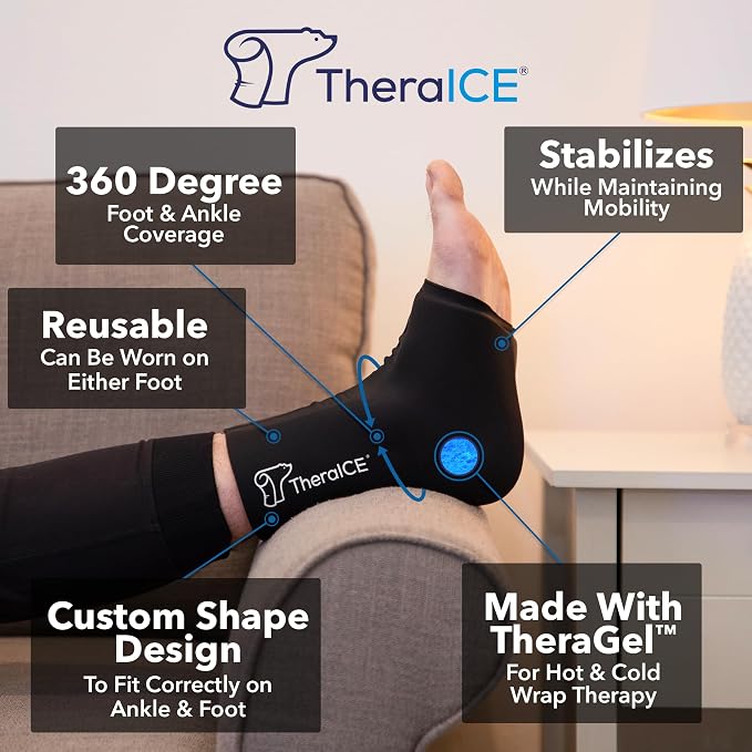 TheraICE Ankle Ice Pack Wrap for Swelling, Sprained Ankle Support & Pain | Foot & Heel Ice Wrap, Compression Sleeve for Achilles Tendonitis, Plantar Fasciitis, Cold Therapy Support for Women & Men
