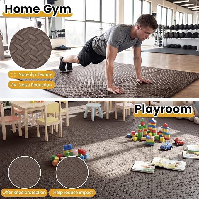 Tangkula 24 Tiles Exercise Flooring Mats with Border, Non-Slip EVA Foam Protective Mats, Elastic Puzzle Play Mats, 1/2" Interlocking Floor Mats for Home Gym, Fitness Room (Brown)