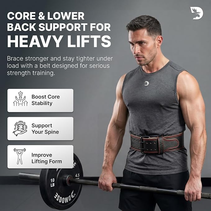DMoose Fitness Weight Lifting Belt for Lower Back Support - 5mm Thick Genuine Leather Gym Belt for Squats, Deadlifts & Powerlifting - Double Prong Buckle with 10 Holes Adjustability for Men & Women
