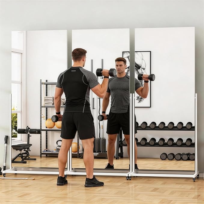 77" x 26" Full Length Rolling Mirror on Wheels, 360° Rotation | Tempered glass & metal frame, lockable rolling casters, sturdy stand, ideal for bedroom, dance studio & home gym.