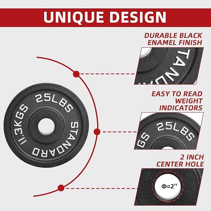 2" Cast Iron Weight Plates | 2.5LB to 45LB Standard Gym Plates (Singles, Pairs & Multi-Pack Sets) | Black with Silver Numbers for Barbell, Dumbbell, Powerlifting & Home Gym
