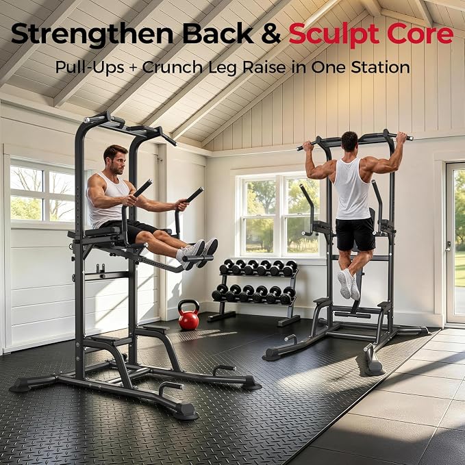 FLYBIRD 800LBS Heavy Duty Power Tower Dip Station, Adjustable Height Pull Up Stand with Crunch Leg Raise, Multifunction Strength Training Equipment for Home Gym Back Workout