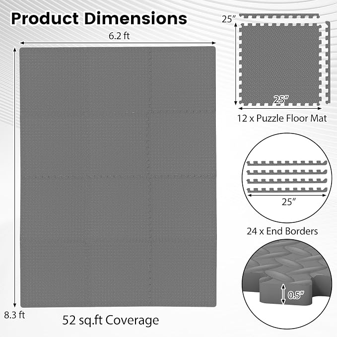 Tangkula 12 Tiles Exercise Flooring Mats with Border, Non-Slip EVA Foam Protective Mats, Elastic Puzzle Play Mats, 1/2" Interlocking Floor Mats for Home Gym, Fitness Room, Workshop Equipment (Gray)