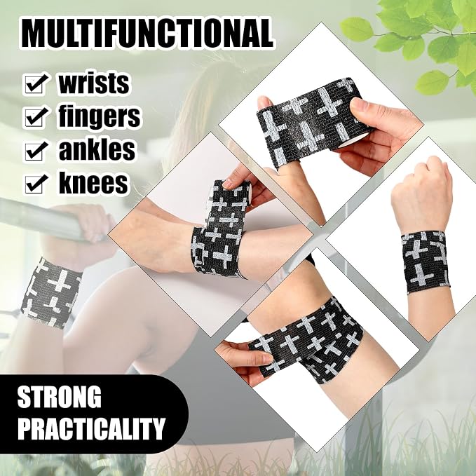 Geiserailie 12 Pack Christian Athletic Tapes 2 Inch x 5 Yards Self Adhesive Bandages Sports Wraps Breathable Elastic Wrap Non Woven Bandage for Wrist, Ankle, Baseball Football(Black)