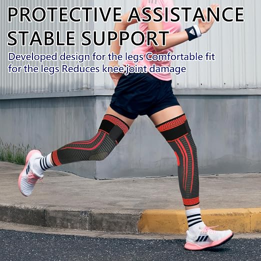 Full Leg Compression Sleeves 2 Pack anti Sliping Ventilation Long Knee Support with Wraps for Men and Women Long Knee Compression Sleeve for ACJ, PCL, Meniscus Tear, Arthritis (XXL, Red)