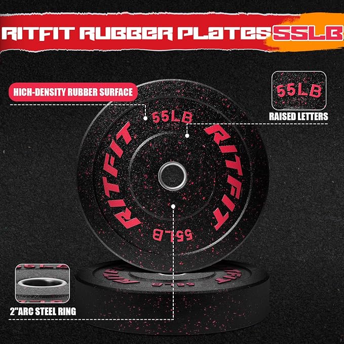 RitFit Bumper Plates, Colored Fleck-Rubber Weight Plates with Steel Insert, 2-inch Olympic Weight Plates for Weight Lifting and Strength Training