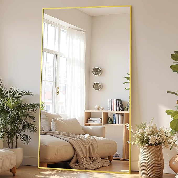 Full-Length Floor Mirror with Stand, 78"x38" Rectangle Style Full Body Standing Mirror for Bedroom, Living Room, Gym, Dorm - Shatter-Resistant & Easy Assembly, Gold