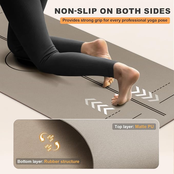 Yoga Mat - Non Slip Natural Rubber Yoga Mat, Alignment Lines, Ultimate Grip | Anti-Tear, Durable & Thick 5mm, Skin-Friendly with Free Carry Strap, Bag, for Yoga, Pilates Fitness and Floor Exercises