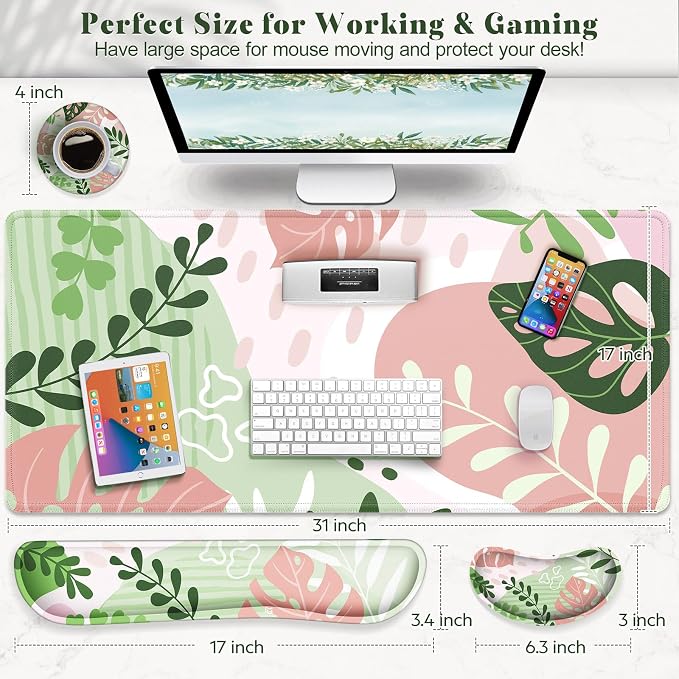 Gimars 4 in 1 Mouse Pad and Keyboard Wrist Rest Set, Large Mouse Pad with Memory Foam Wrist Support Pad for Desk with Coaster, Easy Typing Pain Relief, Gaming Office Home, 31.5x12 inch, Morandi Pink
