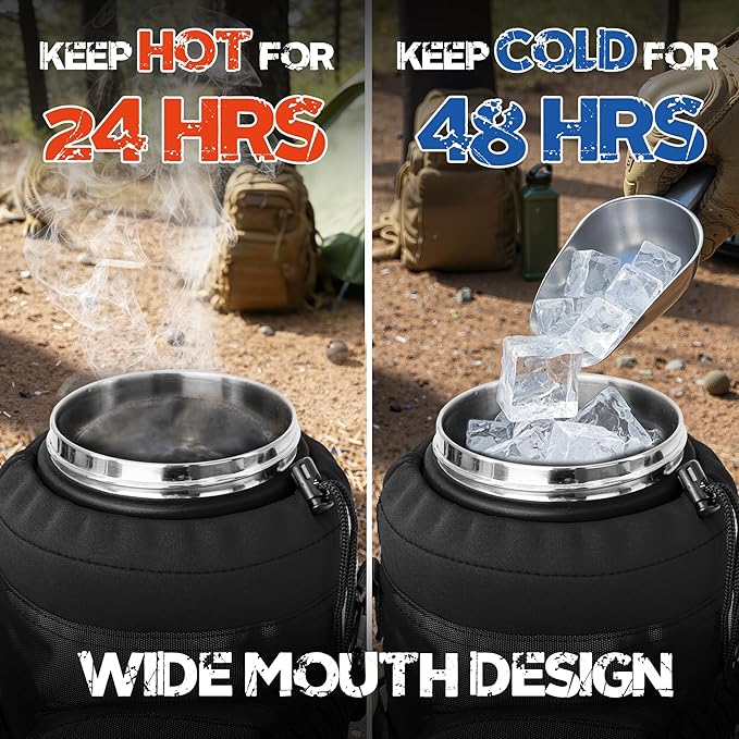 NATURE PIONEOR 128oz/1 Gallon Tactical Water Bottle with MOLLE Bottle Pouch | 18/8 Food-grade Stainless Steel, Double Vacuum Insulation, Wide-Mouth, Straw & Spout Lid, Strap, Camping, Hiking, Gym, Work