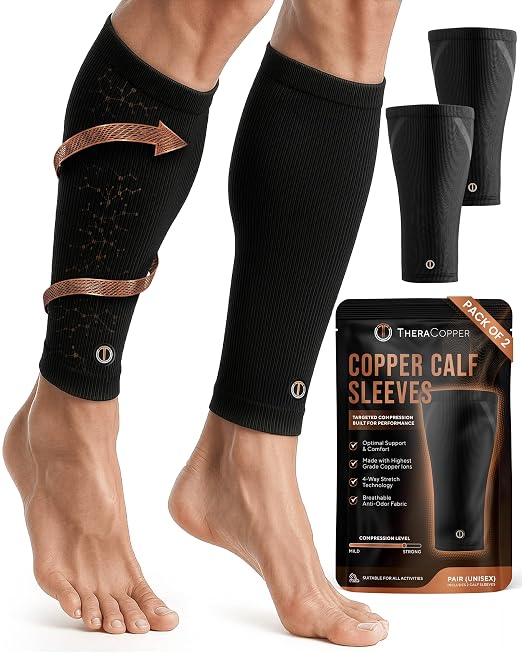 TheraCopper Copper Calf Compression Sleeve — Premium Copper Compression Shin Sleeve for Men & Women — Breathable & Non-Slip Leg Sleeves for Runners, Shin Splints, Muscle Recovery & Leg Fatigue (Medium)
