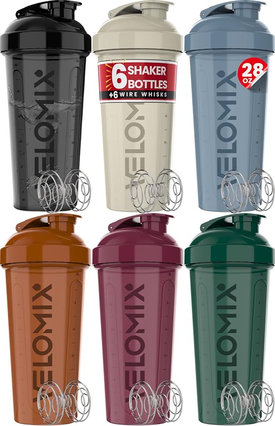 VELOMIX 6 Pack 28oz Protein Shaker Bottle for Protein Mixes, Earth Tones | 6x Wire Whisk, Leak Proof Shaker Cups for Protein Shakes, Stackable, Multipack Value Set for Home, Gym, Office and Car