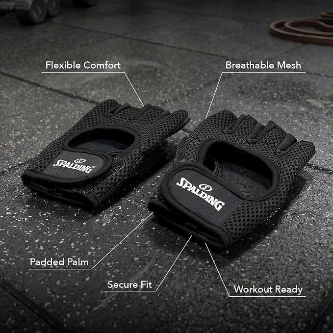 Spalding - Gym Gloves, Mesh Workout Gloves with Foam Padded Palm for Grip, Lightweight & Breathable, One Size Fitness Training Gloves for Weightlifting Exercise