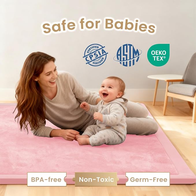 ACOMOPACK Baby Play Mat for Floor,1.3" Thick Elasti-Foam 59"×71" Non-Slip Water Repellent,Non-Toxic Playpen Mat for Infants Toddlers Kids, Ultra Soft Coral Velvet for Tummy Time Crawling（Pink）