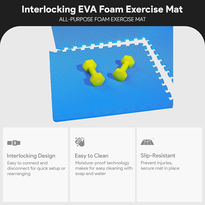 BalanceFrom Puzzle Exercise Mat 1/2" Thick, EVA Interlocking Foam Floor Tiles for Home Gym, Mat for Home Workout Equipment, Floor Padding for Kids, Blue, 24 in x 24 in x 1/2 in, 24 Sq Ft - 6 Tiles | Tiles for Home Gym, Mat for Home Workout Equipment, F...