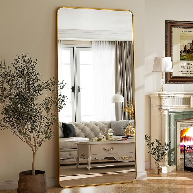 BEAUTYPEAK 76" x 34" Rounded Corner Full Length Mirror with Stand, Gold | Aluminum Alloy Frame with Standing, Leaning, or Wall-Mounted, Ideal for Bedroom, Dressing Room, Entryway, and Living Room