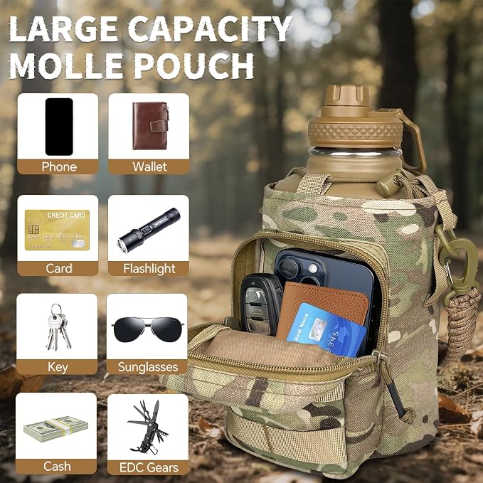 DEFUNX Half Gallon Water Bottle Insulated with Sleeve - Tactical 64 oz Stainless Steel Water Jug with MOLLE Water Bottle Pouch, Gym Water Bottles for Men Hiking Workout (CP Camo)