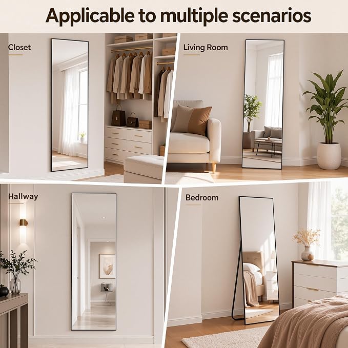 Antok Full Length Mirror, 58"x19" Floor Mirror with Stand, Hanging Mounted Mirrors for Bedroom, Living Room, Cloakroom, Dining Room, Black, Rect