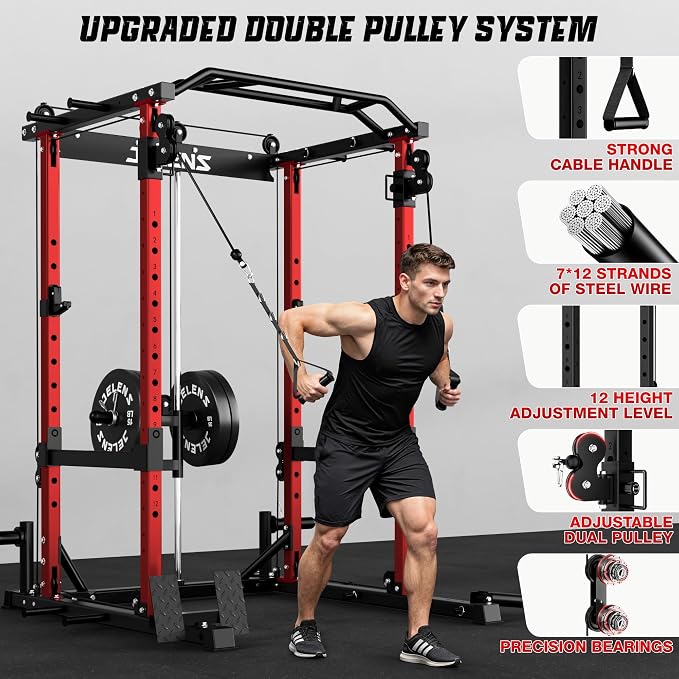 JELENS C12 Power Rack, 2000LBS Squat Rack with Cable Crossover System, Workout Cage with More Training Attachments for Home Gym
