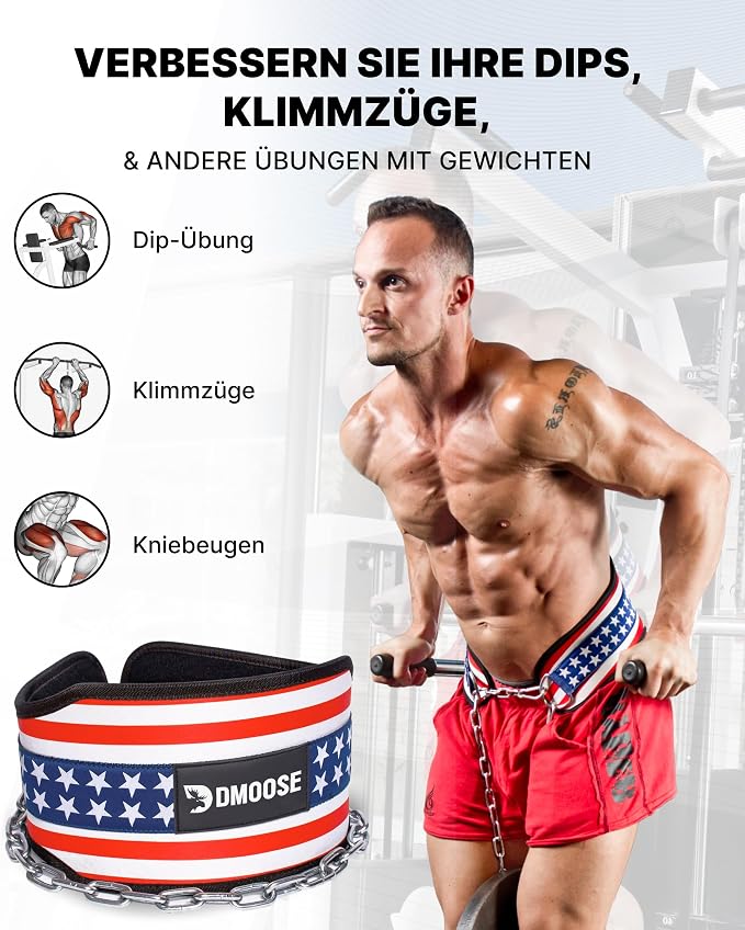DMoose Fitness Dip Belt for Weight Lifting, Pullup, Squats & Dips - 36" Robust Steel Chain, Comfortable Neoprene Padding Supports 350lbs - Gym Weight Belt for Strength Training Workout & Weightlifting